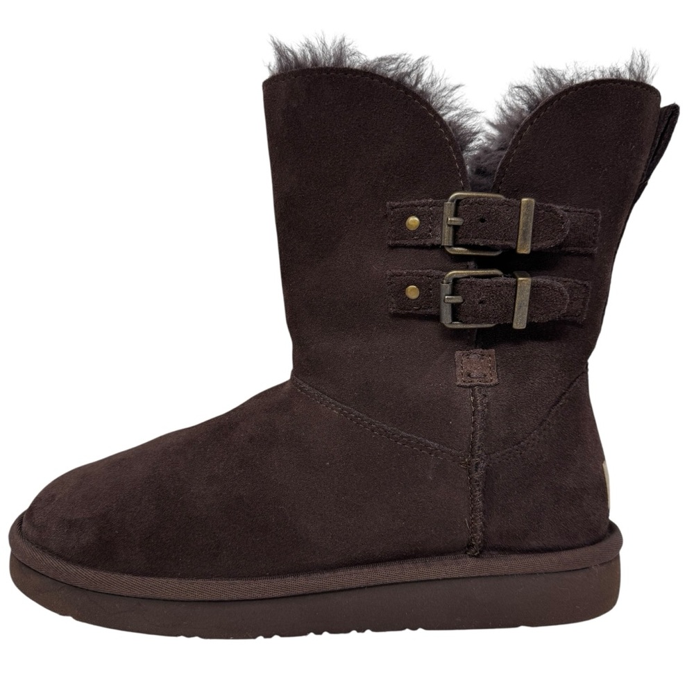 EUC UGG Renley Women's Dual Buckle Suede Fur Lined Boots Brown Size 8